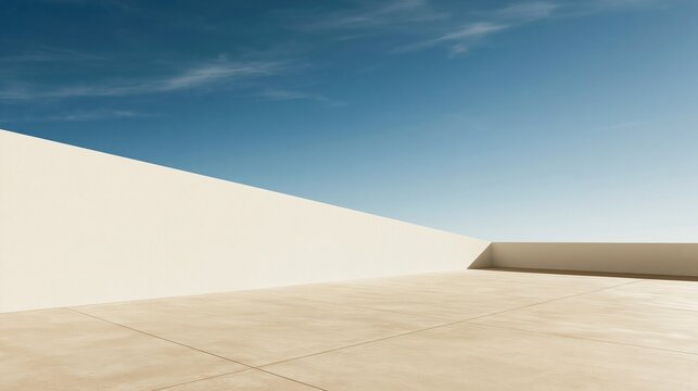 Minimalist empty concrete terrace with beige tiled floor and sloped white plaster walls against bright clear blue sky with soft wispy clouds