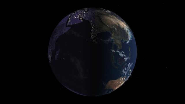 A looping 3D animation of a realistic Earth rotating with an automated day and night cycle, featuring city lights, clouds, atmosphere, and a starry space background within a 12-second loop.