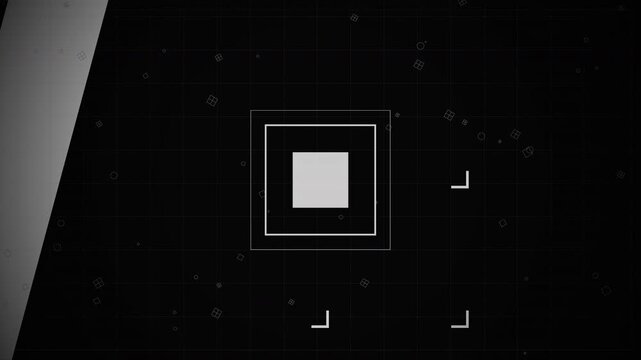 Geometric HUD motion graphic with rotating squares on a dark grid, suitable for tech presentations, sci-fi backdrops and digital screen savers