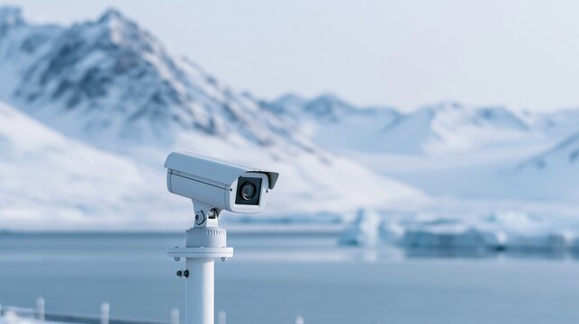 Surveillance camera monitoring Arctic environment with icy waters and snow capped mountains, environmental observation