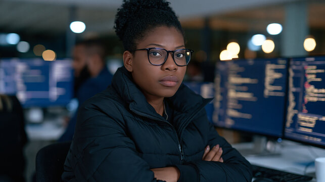 Focused Technologist at Work: A determined woman with glasses, an engineer or programmer, sits in a modern office, focused on her computer screens filled with code. Her arms are crossed.