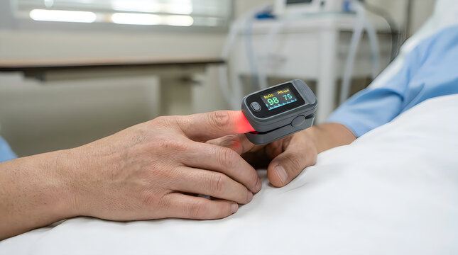 Patient using a finger pulse oximeter in a hospital bed