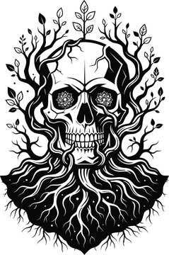 Human skull entwined with tree roots and branches bearing leaves in black and white twisted branches nature skull gothic art dark fantasy botanical skull mystical illus