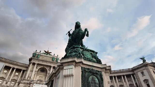 Aesthetic cinematic slow motion view Hofburg Palace and Archduke Charles Monument Vienna