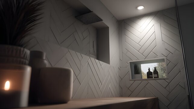 featuring single rainfall head white tiles and empty soap shelf emphasizing simplicity