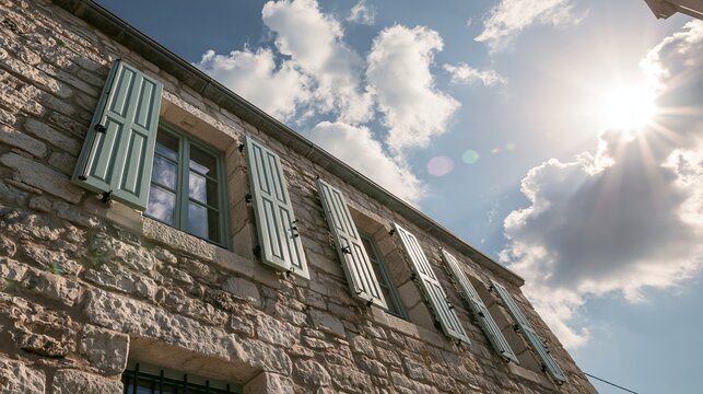 Stone house facade showcasing classic architecture and details, including open shutters and textured blocks, illuminated by sun