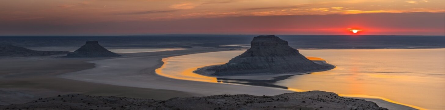 Aerial view of Ustyurt Plateau at sunset, featuring dramatic rock formations rising above the vast desert landscape and salt flats in Karakiya District, Mangystau Region, Kazakhstan.