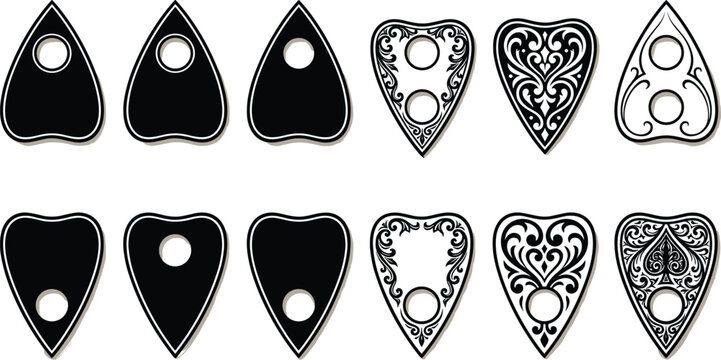 Ouija board planchette icons set with vintage gothic ornaments and mystical filigree details vector illustrations collection
