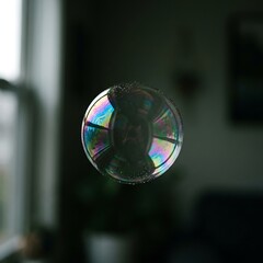 Obraz premium A single soap bubble floating in a dimly lit room, showing iridescent colors and reflections on its thin, fragile surface