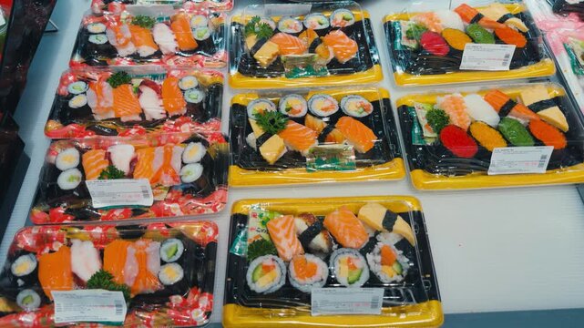 Pre packaged sushi and maki assortmentssalmon nigiri, seafood rolls and moreneatly arranged in plastic trays at a supermarket display for convenient ready to eat meals
