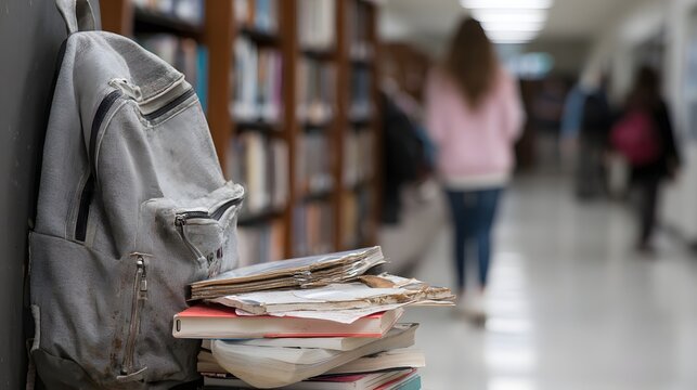 an overloaded backpack with broken zipper spilling books across a busy school hallway