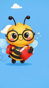 Cute school bee character wearing round glasses and a red backpack holding a book, floating and gently bobbing across a blue sky with clouds