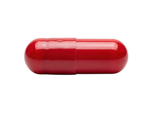 Single red medical pill capsule isolated on transparent background