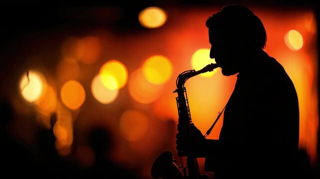 Silhouette of a musician playing the saxophone against the background of bright orange bokeh lights in a night bar. Live performance concept, jazz improvisation, music and art