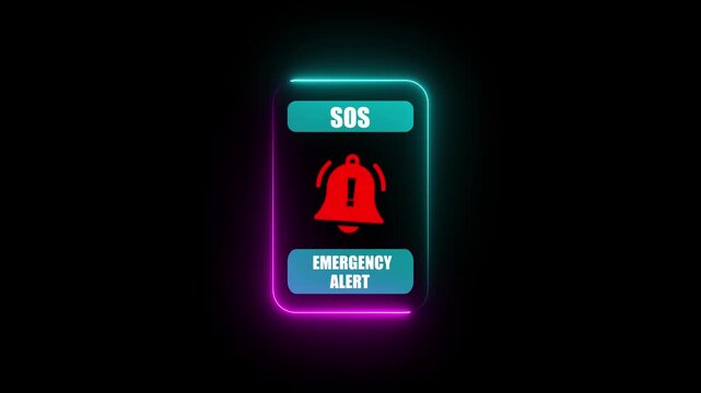 Digital activates an emergency alert on a smartphone, displaying an SOS warning with red alert icons animation on a black background. 