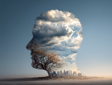 Human mind: nature (tree), sky (clouds), and city blend, representing intelligence and environment