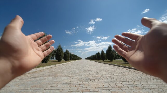 Two hands reach out towards a bright sky, inviting viewers to reflect on the expansive path forward, the trees lining the stone road adding a sense of perspective and journey