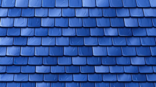 Repeating pattern of overlapping blue rectangular roof shingles creating uniform textured surface covering exterior building roof for architectural background