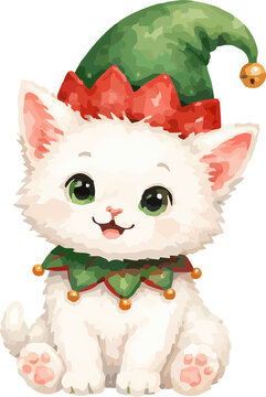 Cute watercolor white cat wearing green elf hat