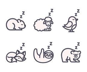 Fototapeta premium Set of six cute sleeping animals including hamster, sheep, bird, fox, sloth and bear.