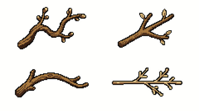 Retro pixel art twig and tree branch set for game assets, vintage 8-bit nature elements isolated on white background