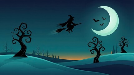 Fototapeta premium A spooky halloween landscape illustration featuring a witch flying on a broomstick past a bright crescent moon