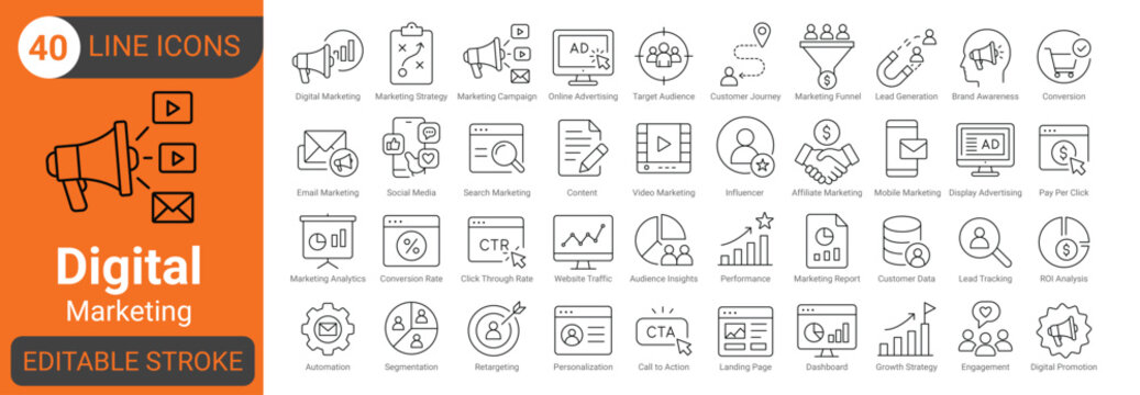 Digital marketing line icon set with advertising, social media, email, campaign, branding, lead generation, conversion, analytics, content and customer. Editable stroke. vector icons collection.