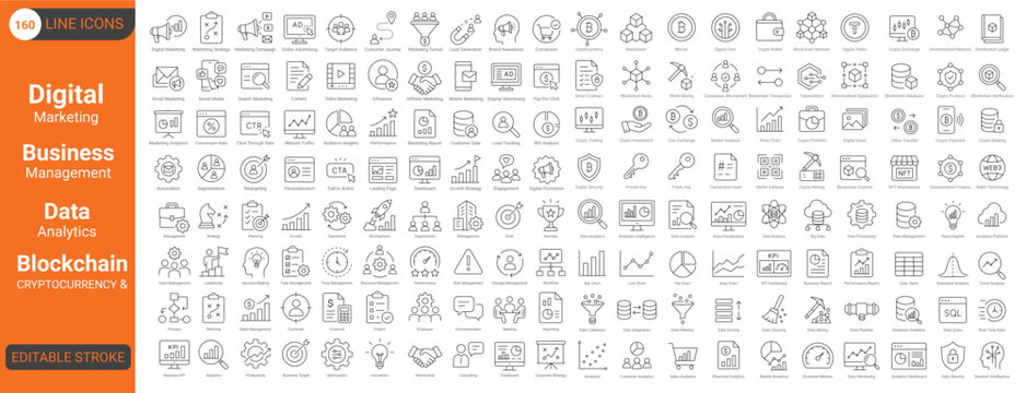 Mega icons set of digital marketing, business management, data analytics and blockchain line icon set with cryptocurrency, strategy, finance, charts, marketing. Editable stroke. Vector icon collection