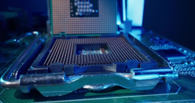 Macro tracking shot AI cpu installation into motherboard socket on electronics workstation with slow close up tilt motion, data center.
