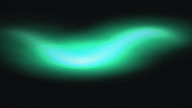 Abstract glowing green light wave with grainy texture on a dark black background for design