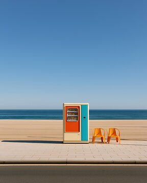 Vintage colored vending machine with two matching orange plastic chairs standing on paved promenade next to empty sandy beach and calm blue ocean on bright clear day