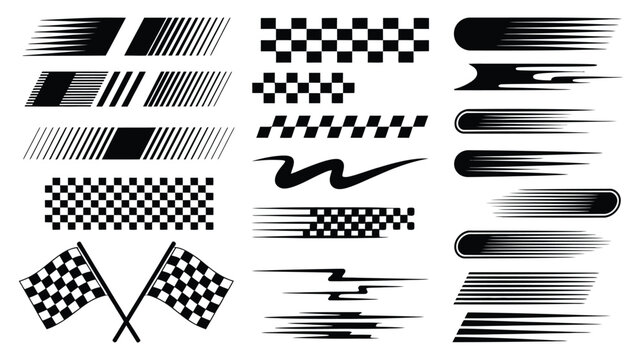 Racing stripes and checkered flags set, black white vector collection, motorsport elements, automotive graphics, speed branding, racing decals, sports