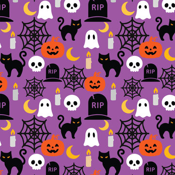 Halloween seamless pattern with cute ghosts, black cats, pumpkins, spider webs, skulls, tombstones, candles, and crescent moons on a purple background for spooky holiday wallpaper.