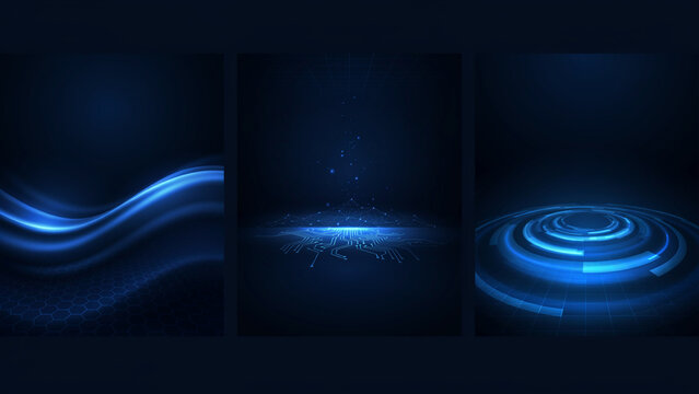 Dark blue abstract backgrounds with glowing light waves and digital circuitry patterns