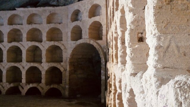 Inside view of historic Golitsyn grotto cave on Black Sea coast.