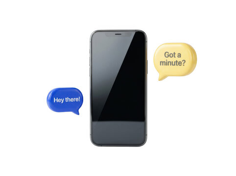 Smartphone with speech bubbles saying hey there and got a minute isolated on transparent background