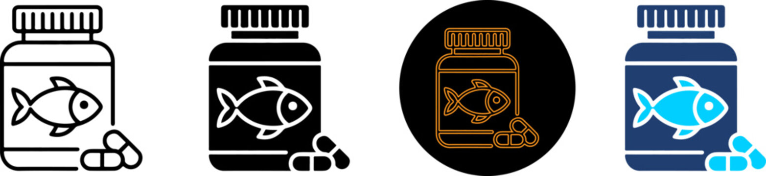 Fish oil supplement pill bottle icons set
