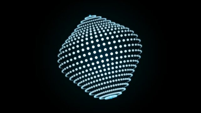 Rotating digital sphere of glowing blue dots, abstract technology background, globe
