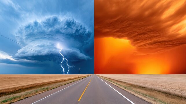 Dramatic supercell storm with lightning over open road and split blue orange sky panorama