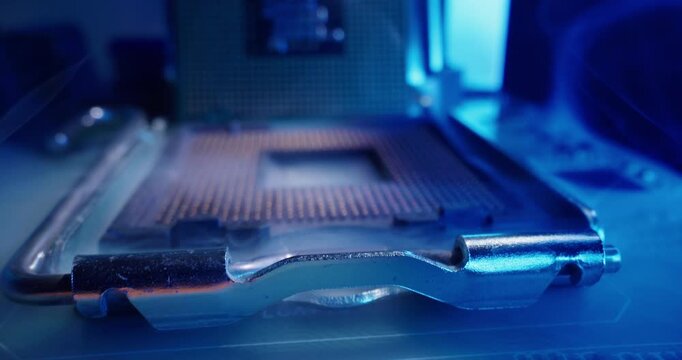 AI cpu chip by microscope for control quality in laboratory artificial intelligence data center.