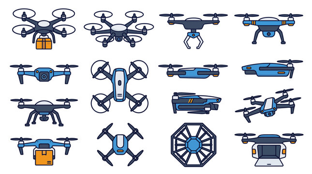 Collection of aerodynamic delivery drones and quadcopter icons. Vector illustrations of various UAV models with cargo boxes, cameras, and robotic arms for logistics and technology concepts.
