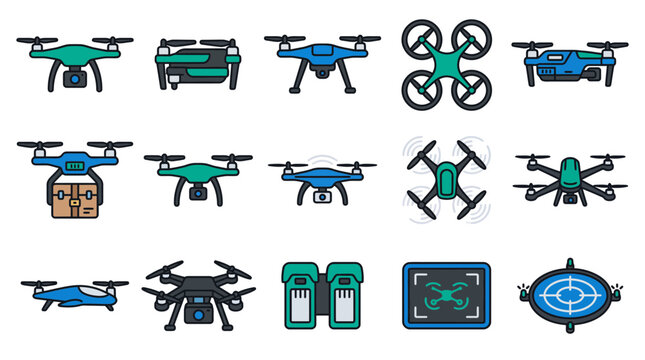 Set of aerodynamic delivery drone icons featuring quadcopters, package transport, remote controllers, landing pads, and aerial camera equipment for modern logistics and tech designs.