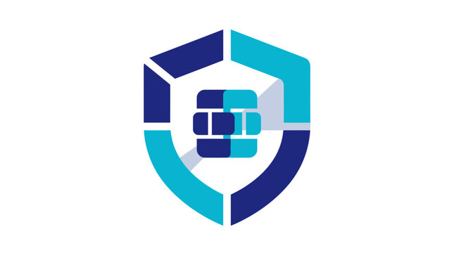Digital shield activation icon for cybersecurity, data protection, and network safety with blue geometric shield and central chip symbol.