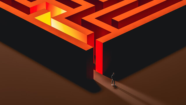 Glowing maze man exit concept background with light and path