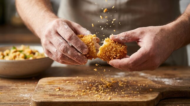 Chef preparing crispy fried chicken with breadcrumbs on a wooden cutting board.
