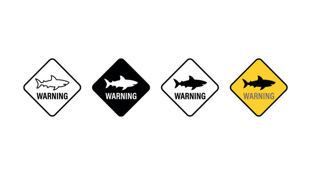 Set of four diamond shaped shark warning signs with various design styles