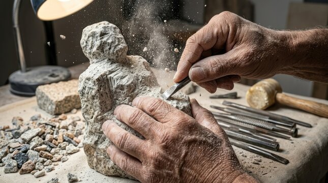 Close-up of a sculptors hands carving a stone statue with tools and dust flying.