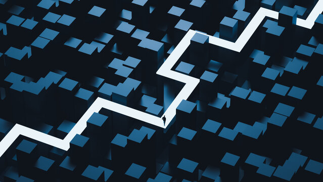 Abstract city path navigation concept with silhouette in cubes