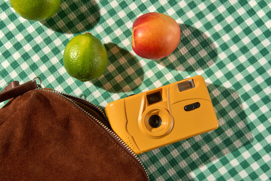 Yellow Camera, Summer Fruit and Suede Bag on Green Gingham Tablecloth