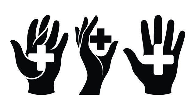 Conceptual black and white silhouette of hands holding medical cross for healthcare support